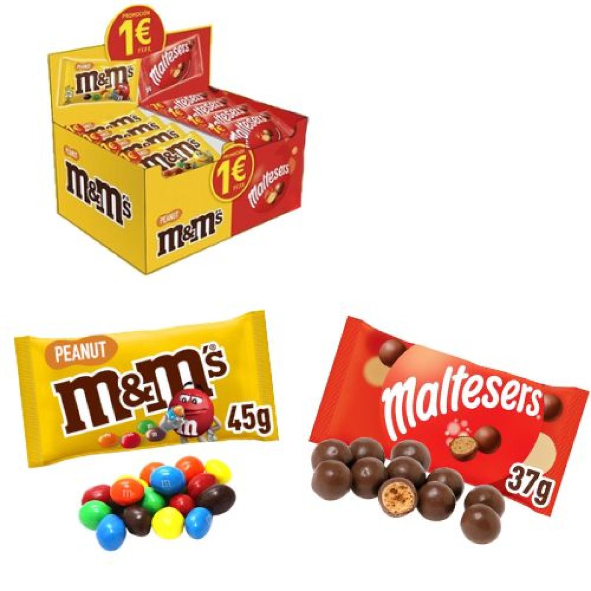 Lote de Chocolate Maltesers y Cacahuetes M&Ms Bitesize x49