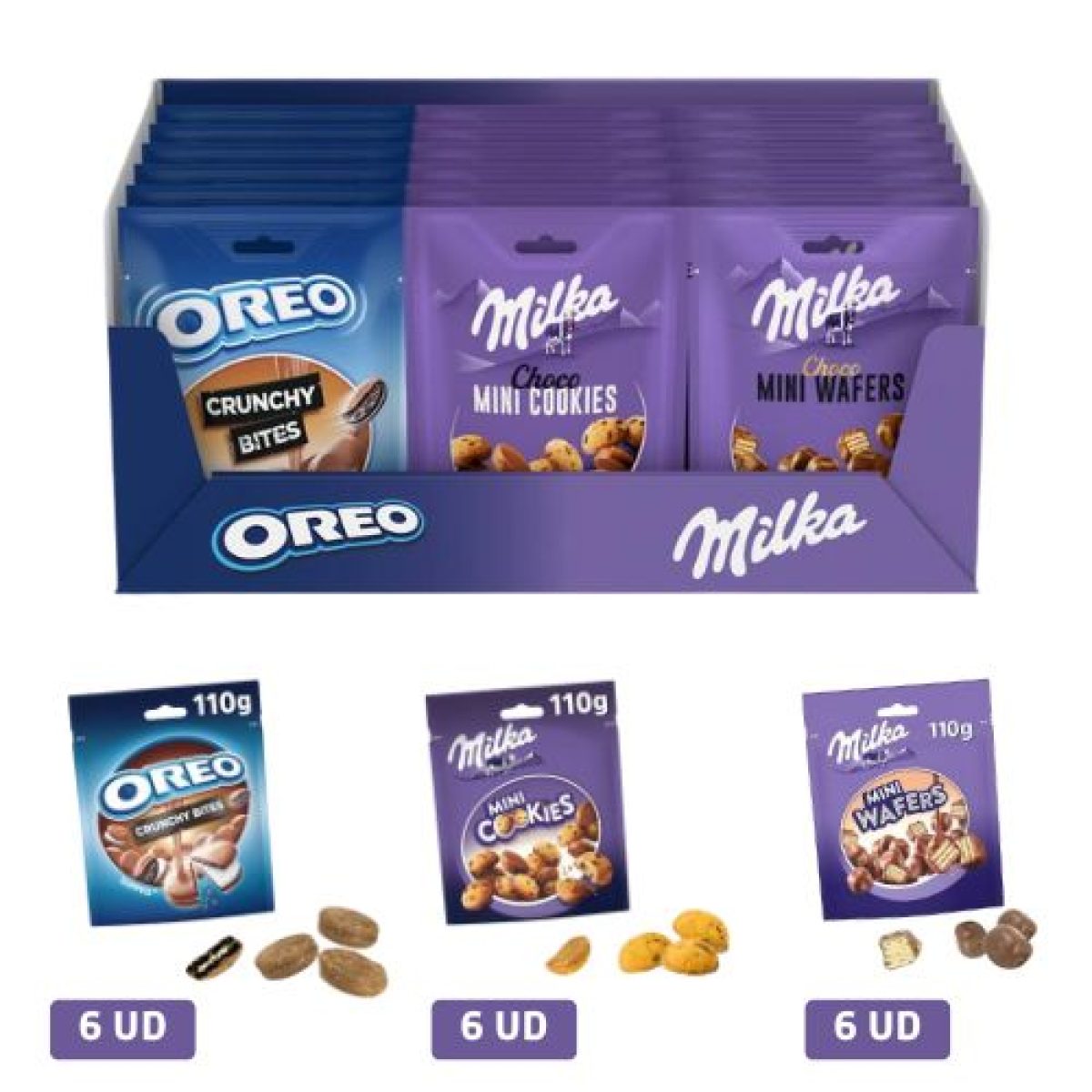 Lote de Milka Mini Wafers Cookies y Oreo Crunchy Bites x18